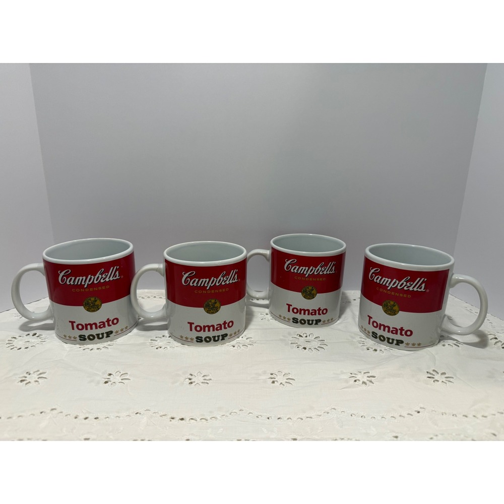 Campbells Tomato Soup Ceramic Mugs Set of 4 Red White Iconic Label Design